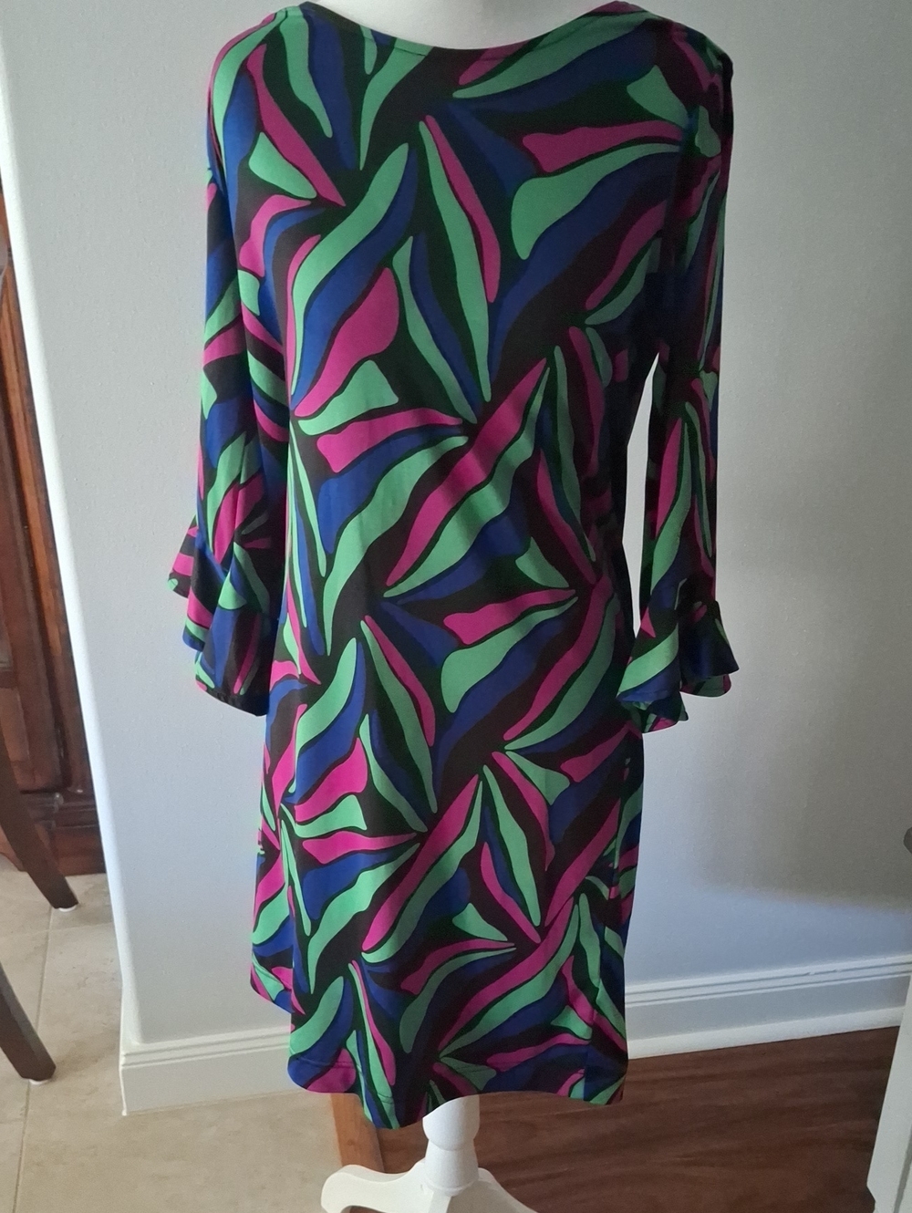 Vibrant, abstract-patterned dress.